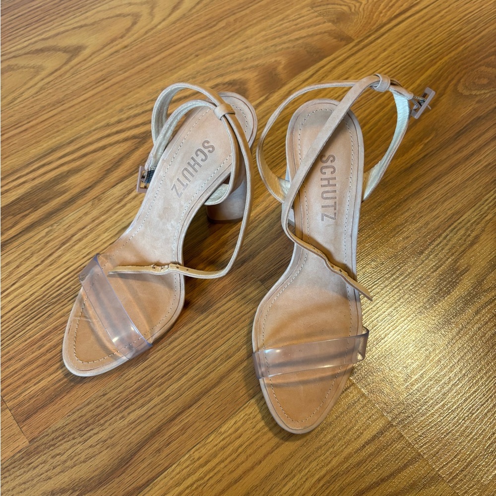 SCHUTZ Geisy Beige Leather Clear Strap Block Heel Sandals